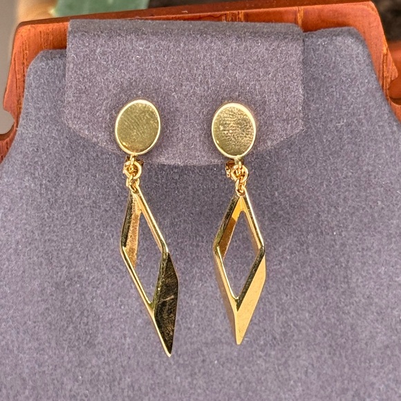 Crown Trifari Jewelry - Vintage Crown Trifari Geometric Gold Tone Clip-On Earrings 70s Modernist Dangle